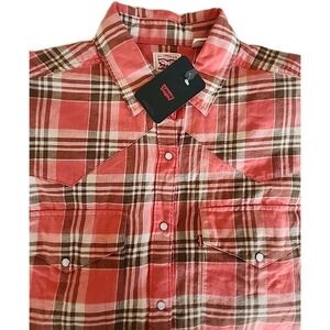 NWT Levis Womens Pearl Snap Button Up Shirt Sz XL Oversized Orange Plaid Flannel